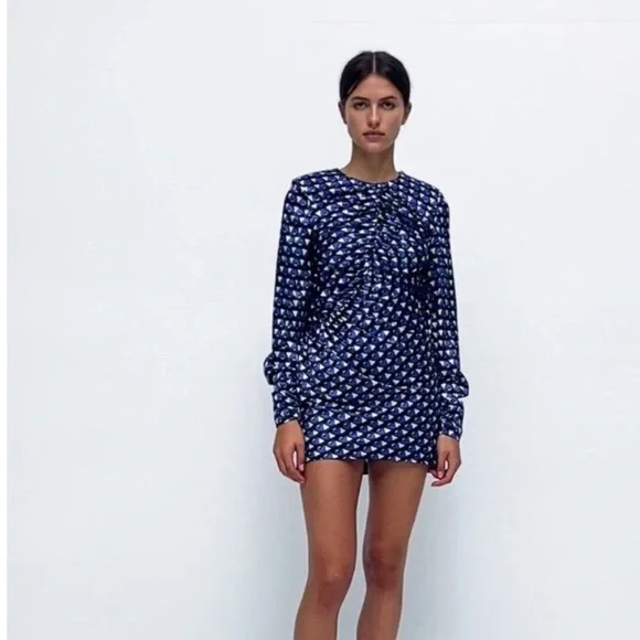 Zara | Dresses | Zara Womans Blue Geometric Print Midi Satin